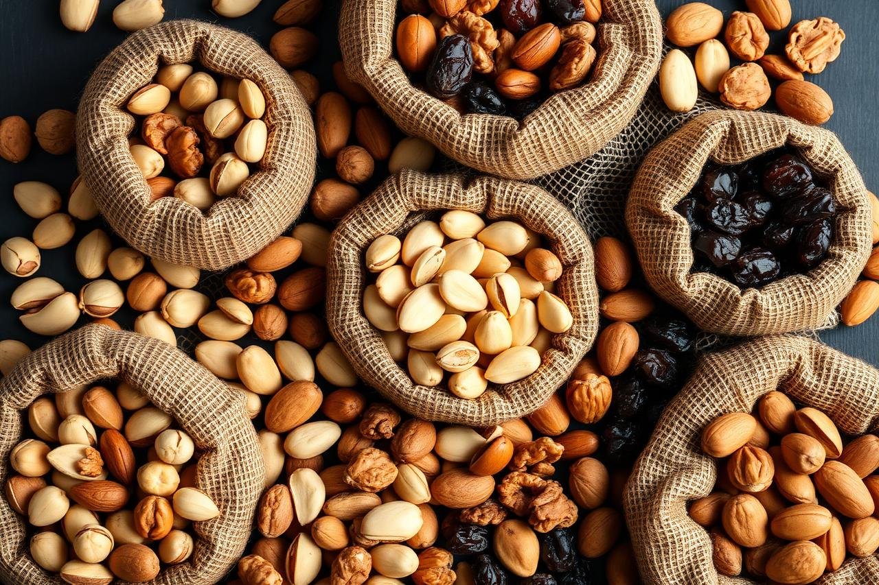 Assorted nuts and dried fruits displayed in burlap sacks
