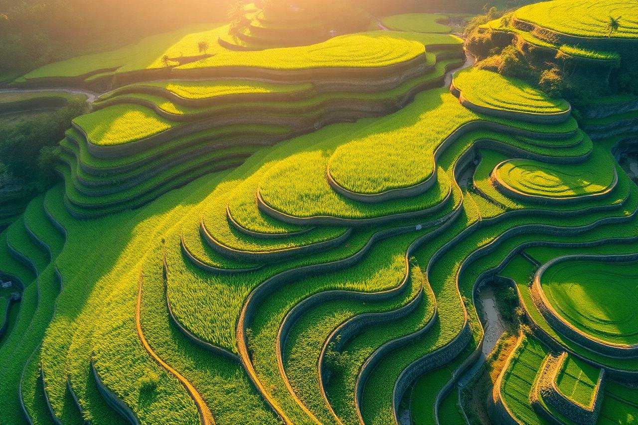Aerial view of terraced rice paddy fields at sunrise