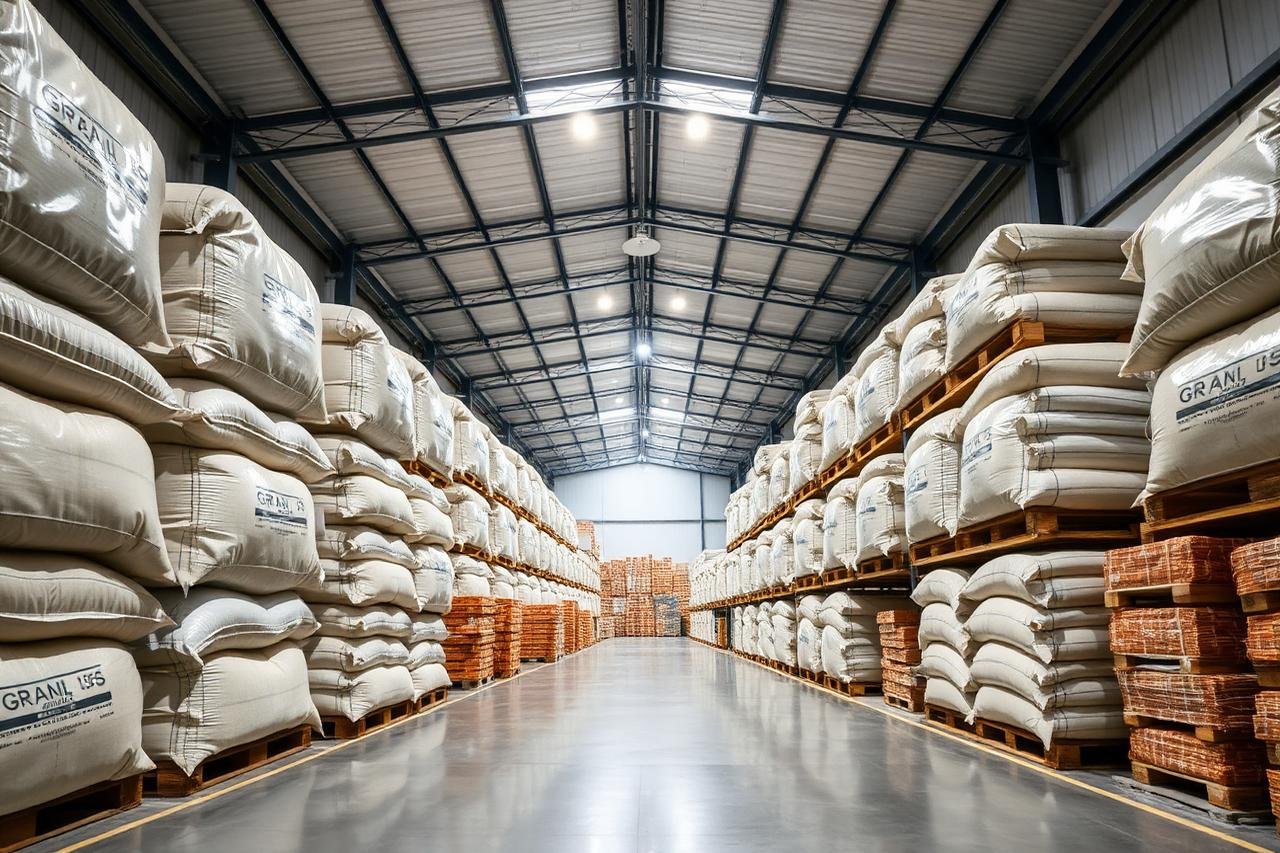 Bagged agricultural commodities stacked on pallets in a warehouse